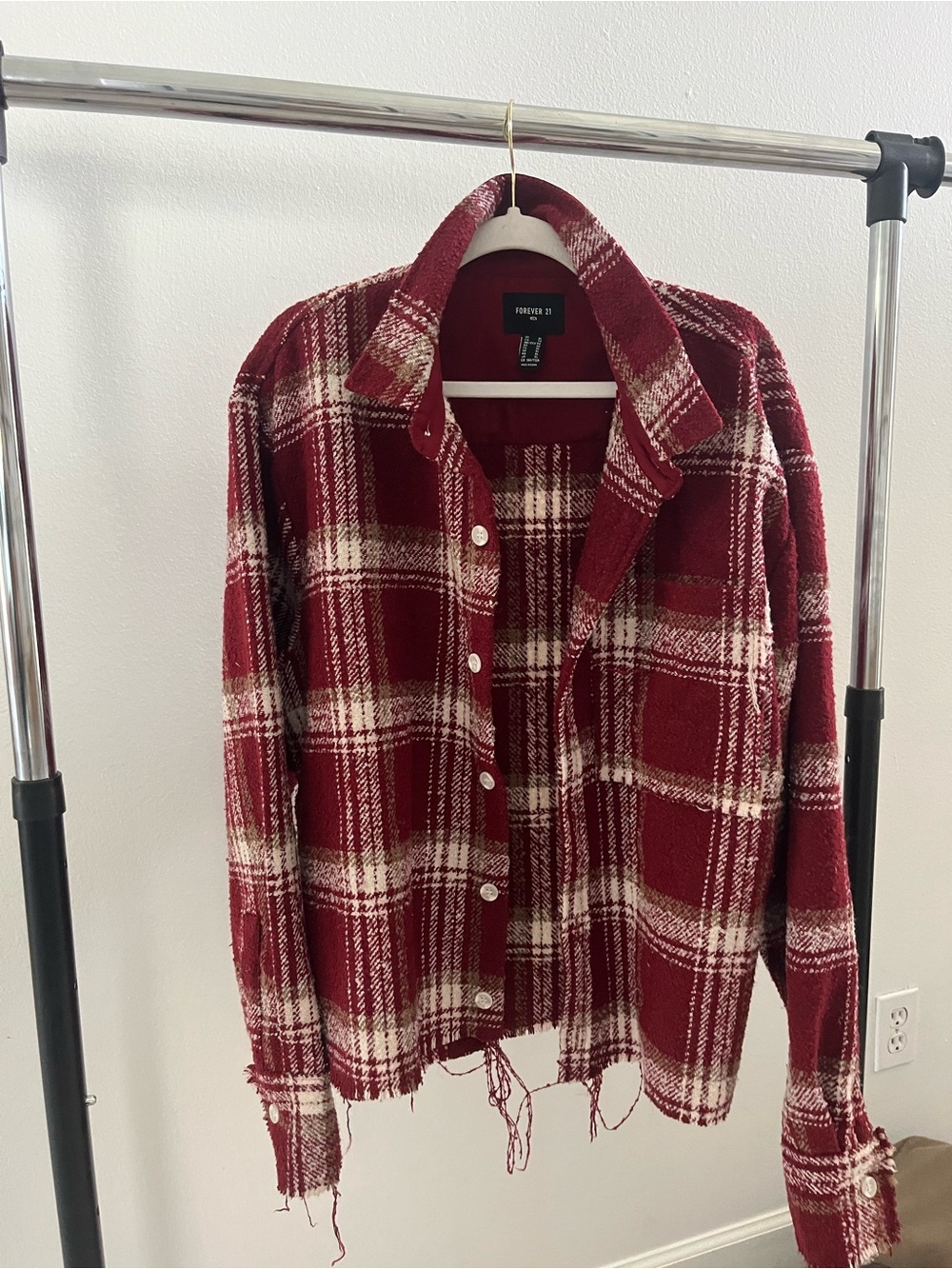 Red and Cream Plaid flannel Button-Up Shirt Jacket